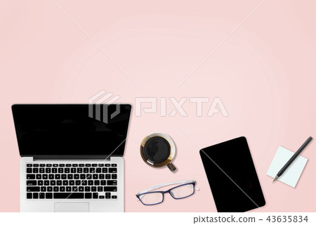 Office table with laptop, tablet and mobile phone. 43635834