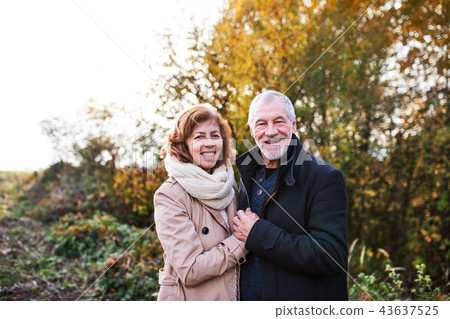 Senior couple standing in an autumn nature, hugging. Senior couple standing in an autumn nature, hugging. 43637525