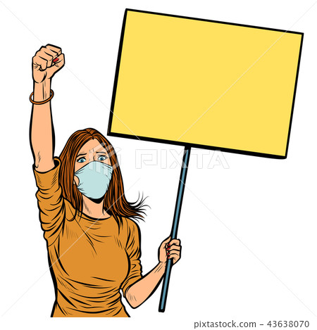 woman in medical mask protests with a poster. isolate on white b 43638070