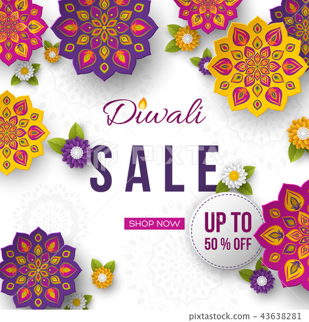 Sale poster or banner for festival of lights - Diwali. Paper cut style of Indian Rangoli. White 43638281