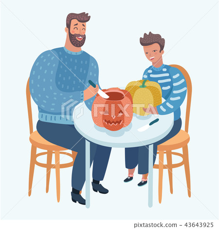 Father and child carve a pumpkin for Halloween. Father and child carve a pumpkin for Halloween. 43643925