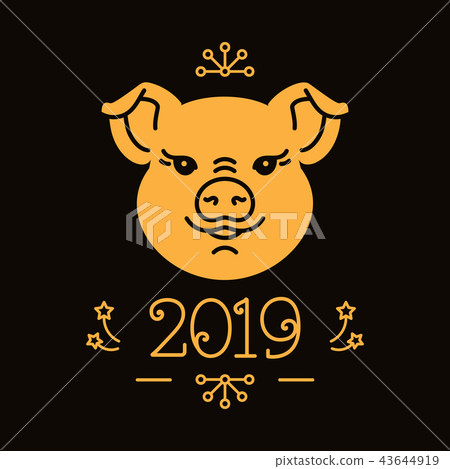 Happy New Year and Christmas card, 2019 year of the pig. Cute golden pig, 2019 number. Elegant dark 43644919
