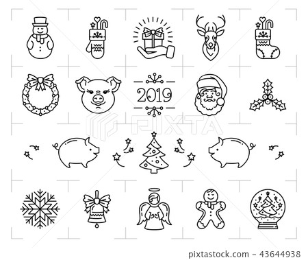 Christmas icons set, Zodiac year of the Pig 2019, New Year symbols. Christmas line icons, Holiday 43644938