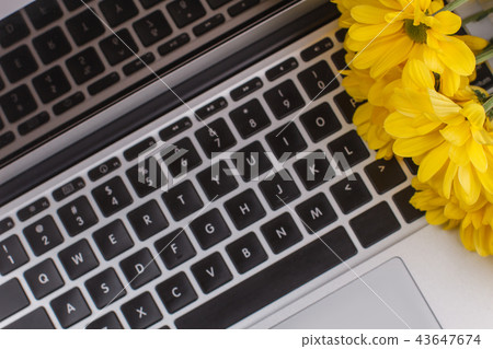 Laptop keyboard and yellow flowers close up. 43647674