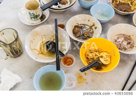 Pile of dirty used cups and plates for cleaning Pile of dirty used cups and plates for cleaning 43653098