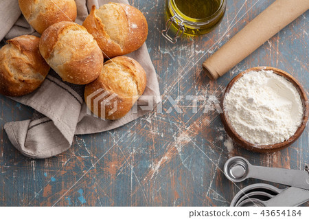 Freshly baked bread on dark gray kitchen table, copy space. 43654184