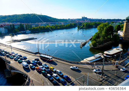 Traffic jam on bridge, Vltava river in Prague, Czech Republic. 43656364