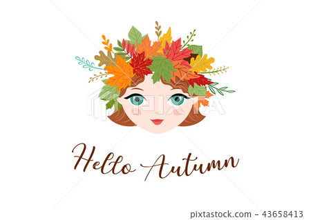 Hello Autumn, fall season background. Girl with circlet of autumn flowers and leaves 43658413