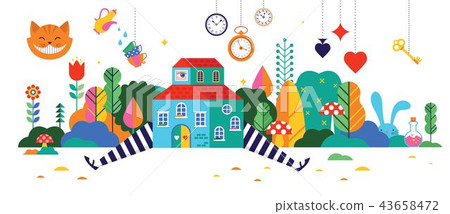 Alice in Wonderland banner, poster and card. We are mad here. Vector background 43658472