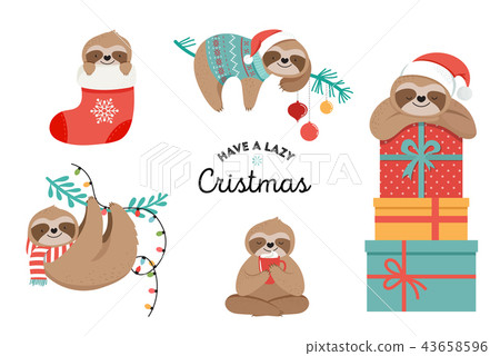 Cute sloths, funny Christmas illustrations with Santa Claus costumes, hat and scarfs, greeting cards Cute sloths, funny Christmas illustrations with Santa Claus costumes, hat and scarfs, greeting cards 43658596