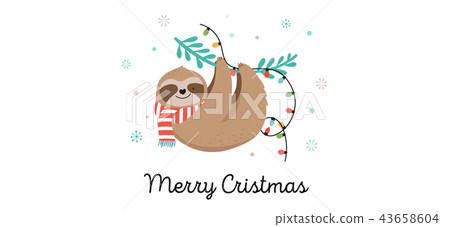 Cute sloths, funny Christmas illustrations with Santa Claus costumes, hat and scarfs, greeting cards 43658604