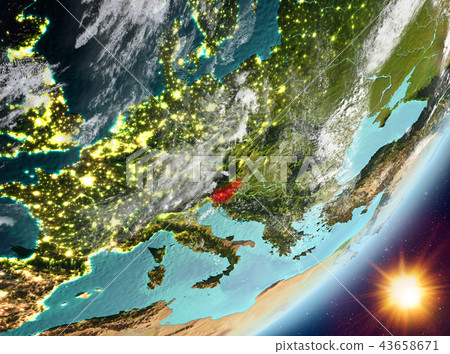 Orbit view of Slovenia during sunrise Orbit view of Slovenia during sunrise 43658671