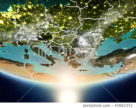 Kosovo with sun on planet Earth Kosovo with sun on planet Earth 43662352