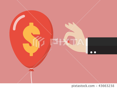 Hand pushing needle to pop the dollar sign balloon Hand pushing needle to pop the dollar sign balloon 43663238