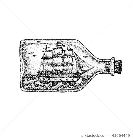 Dotwork Ship in Glass Bottle 43664449
