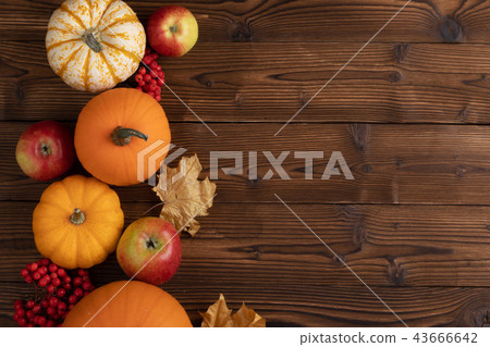 Autumn harvest on wooden table Autumn harvest on wooden table 43666642