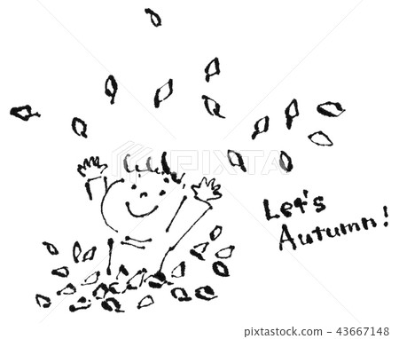 一個孩子被埋在落葉的山上玩樹葉 43667148