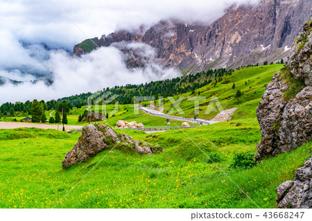 Beautiful landscape of the Dolomites at Sella pass Beautiful landscape of the Dolomites at Sella pass 43668247