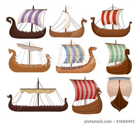 Viking scandinavian draccars set, Norman ship with color sales vector Illustrations on a white 43668493