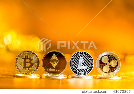 Cryptocurreny coins on a gold background Cryptocurreny coins on a gold background 43670805
