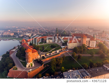 Aerial view Royal Wawel Castle and Gothic Cathedral in Cracow, Poland, with Renaissance Sigismund Aerial view Royal Wawel Castle and Gothic Cathedral in Cracow, Poland, with Renaissance Sigismund 43671128