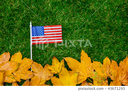Golden autumn maple leaves and american flag 43671293