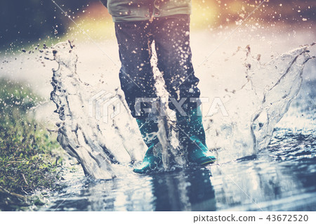 Child walking in wellies in puddle on rainy weather Child walking in wellies in puddle on rainy weather 43672520