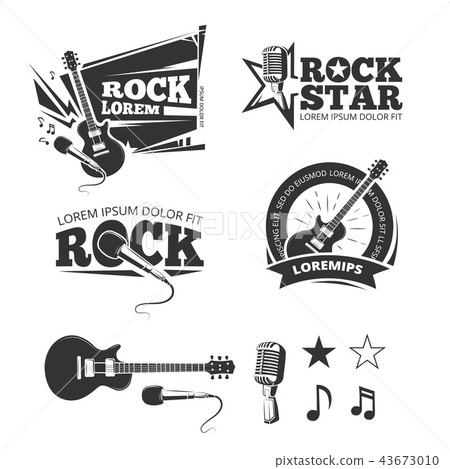 Rock music shop, recording studio, karaoke club vector labels, badges, emblems logos Rock music shop, recording studio, karaoke club vector labels, badges, emblems logos 43673010