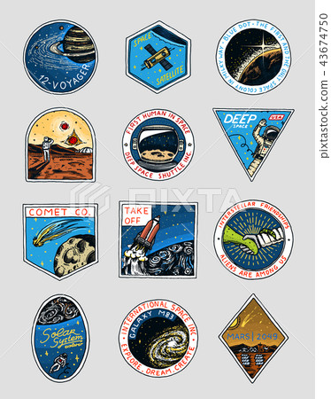 Space logo. Exploration of the astronomical galaxy. Mission Mars. Astronaut or spaceman adventure 43674750