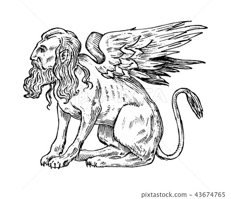 Mythological animals. Mythical Sphinx. Ancient human bird, fantastic creatures in the old vintage 43674765