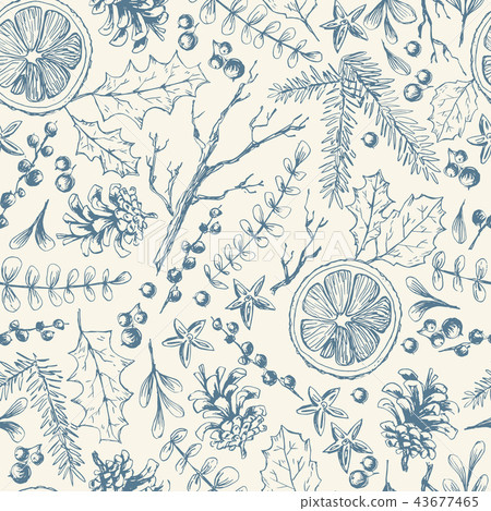 Vector hand drawn seamless pattern with Christmas natural herbal 43677465