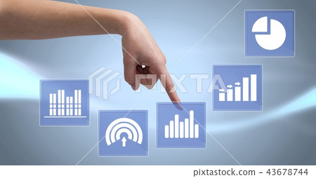 Hand touching business chart statistic icons Hand touching business chart statistic icons 43678744