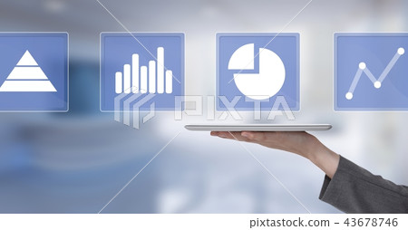 Hand holding tablet with business chart statistic icons 43678746