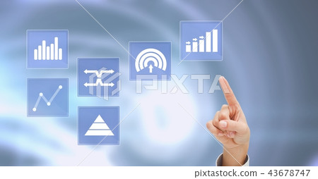 Hand touching business chart statistic icons Hand touching business chart statistic icons 43678747