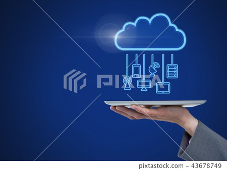 Hand holding tablet with cloud icon on blue background Hand holding tablet with cloud icon on blue background 43678749