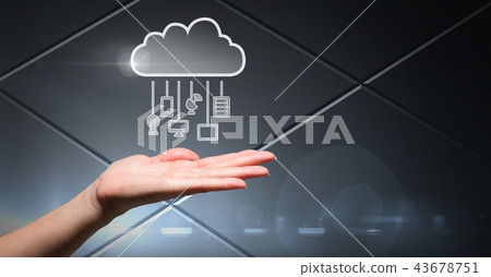 Hand with cloud icon and hanging connection devices and grey tech background Hand with cloud icon and hanging connection devices and grey tech background 43678751