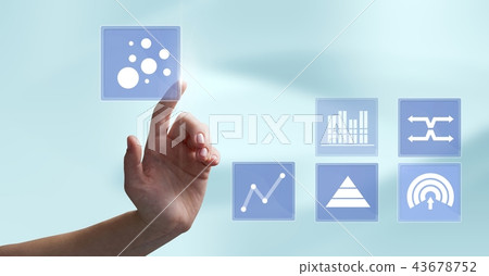 Hand touching business chart statistic icons Hand touching business chart statistic icons 43678752