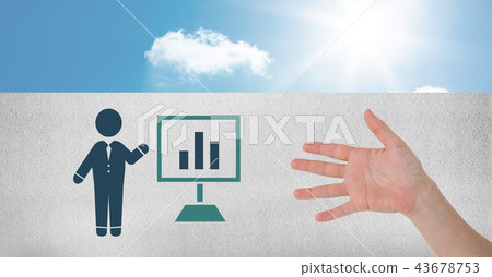 Hand open with business person presentation chart screen icon Hand open with business person presentation chart screen icon 43678753