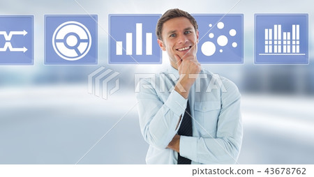 Businessman smiling and business chart statistic icons Businessman smiling and business chart statistic icons 43678762