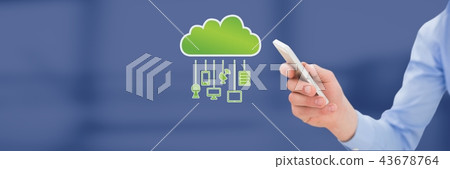 Hand holding phone with cloud icon and hanging connection devices Hand holding phone with cloud icon and hanging connection devices 43678764