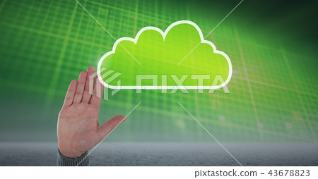 Hand with cloud icon and green technology background Hand with cloud icon and green technology background 43678823