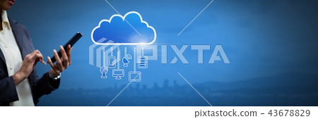 Hand holding phone with cloud icon and hanging connection devices 43678829