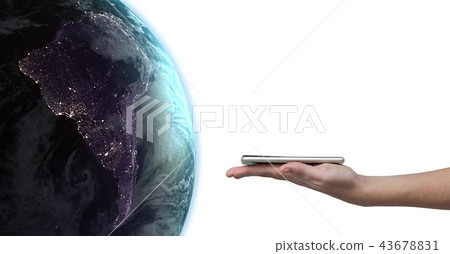 Hand holding tablet with global world 43678831