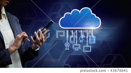 Hand holding phone with cloud icon and hanging connection devices Hand holding phone with cloud icon and hanging connection devices 43678841