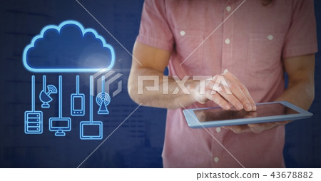 Hand holding tablet with cloud icon and hanging connection devices Hand holding tablet with cloud icon and hanging connection devices 43678882