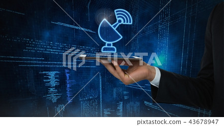 Hand holding tablet with signal icon and code matrix background 43678947