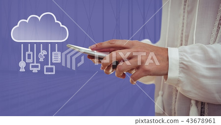 Hand with cloud icon and hanging connection devices 43678961