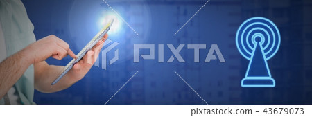 Hand holding tablet with signal icon 43679073