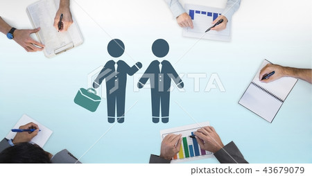 Business people meeting with briefcase icon and hands working on desk Business people meeting with briefcase icon and hands working on desk 43679079