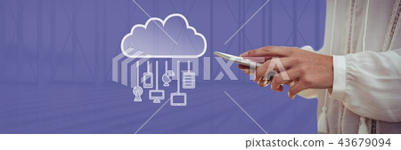Hand holding phone with cloud icon and hanging connection devices 43679094